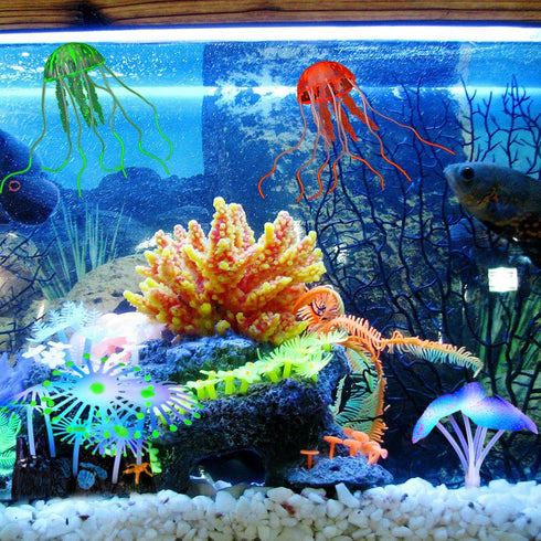 57 Pieces Glowing Fish Tank Decorations Plants with Simulation Glowing Silicone Coral Glowing Jellyfish Lotus Leaf Changeable Green Sea Anemone Lu...