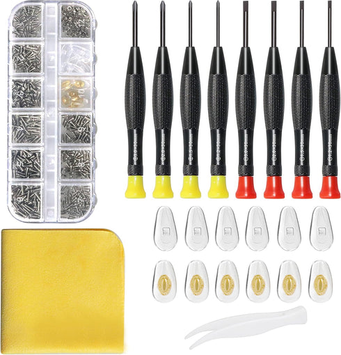 Eyeglass Repair Kit with Glasses Screws - Contains Precision Screwdriver kit and Nose Pads, Cleaning Cloth, Tweezers, Complete Glasses Repair Kit...
