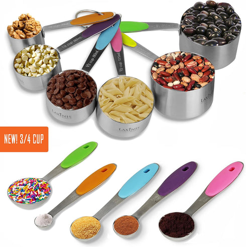 New Version! 11 Piece Measuring Cups And Spoons Set by Laxinis World | Sturdy Stainless Steel Stackable 6 Cups and 5 Spoons with Soft Silicone Han...