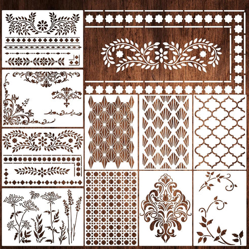 Stencils for Crafts Reusable 11.7x8.26” Furniture Stencils Damask Stencil Corner Border Stencil Texture Stencils Drawing Template for Wood Wall Ca...