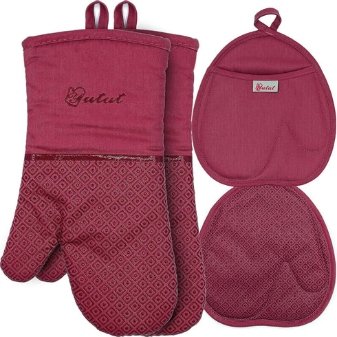 Pot Holders and Oven Mitts Sets 4Pcs, High Heat Resistant Gloves and Potholders, YUTAT Non-Slip Grip Hot Pads with Food Grade Silicone Texture, Pe...