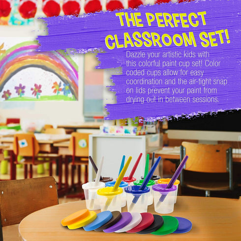 U.S. Art Supply 10 Piece Children's No Spill Paint Cups with Colored Lids and 10 Piece Large Round Brush Set with Plastic Handles...