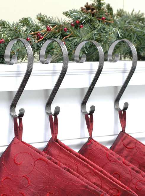 Haute Decor Stocking Scrolls Stocking Hanger - 4 Pack Holly Embossed (Pewter) - Christmas Stocking Holder for Various Mantel Sizes, Including Larg...