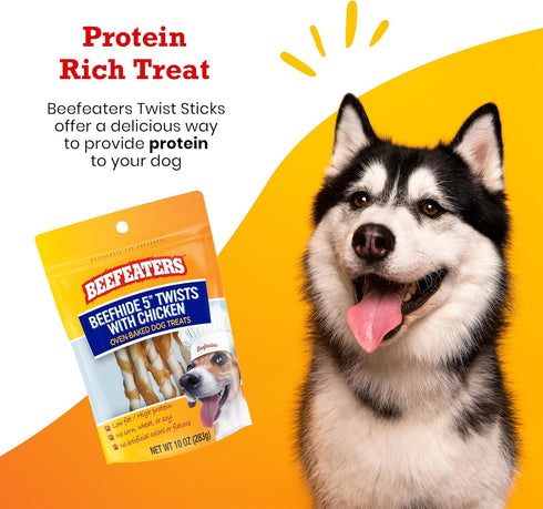 Beefeaters Dog Treats - Beefhide 5in Twist with Chicken 10oz | Dog Food High Protein, Low Fat, Enriched with Vitamins & Minerals | Promotes Clean ...