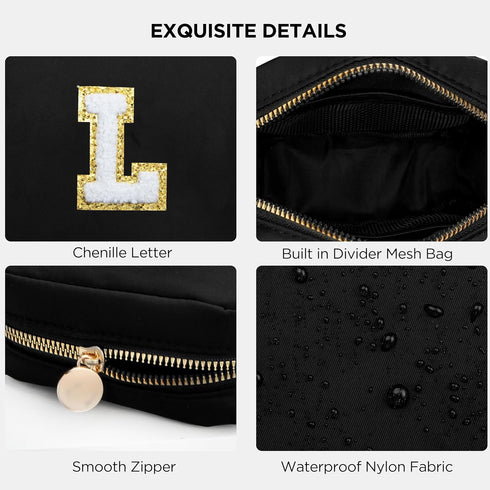 HBselect Small Makeup Bag Personalized Initial Letter Mini Makeup Bags Nylon Chenille Letter Patch Cosmetic Bag Cute Waterproof Pouch Travel Toile...