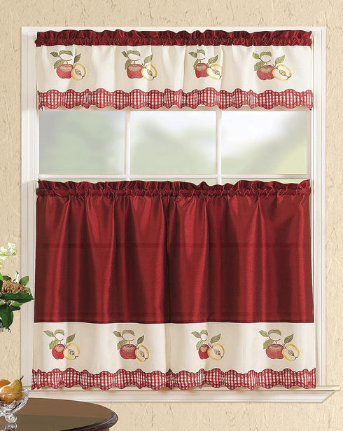 All American Collection Modern Contemporary 3pc Embroidered Home Kitchen Window Treatment Curtain Set (Straight Valance, Red Apples)...
