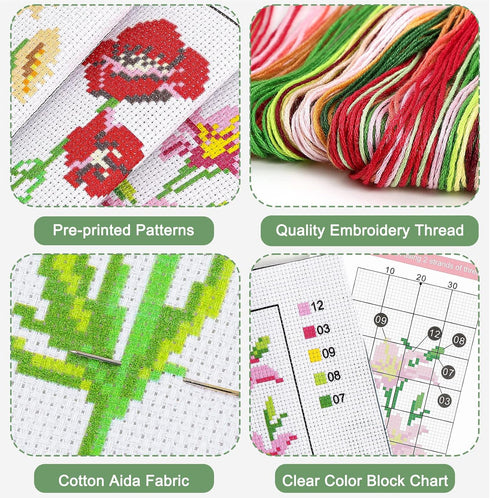 Caydo 3 Pieces Cross Stitch Bookmark Kits, DIY Stamped Embroidery Bookmark Kit for Beginner Flower Patterns 14 Count Crossstitch Projects for Book...