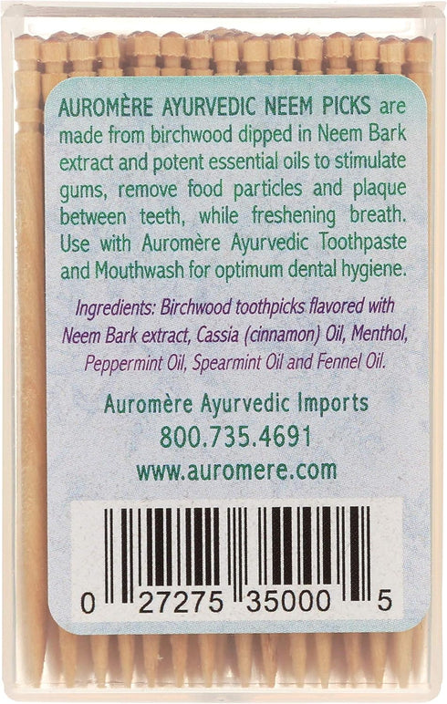 Auromere Ayurvedic Neem Toothpicks - Vegan, Natural, Non GMO, Made from Birchwood (100 Count) (1 Pack)...