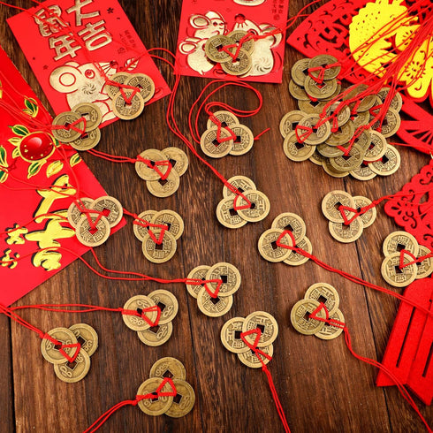 Boao Chinese Fortune Coins Feng Shui I Ching Good Luck Coins Traditional Brass New Year Favor with Red String for Wealth and Success, 5 Styles(20 ...