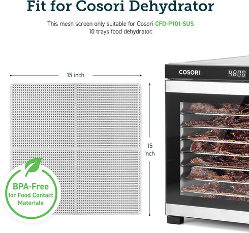 COSORI Food Dehydrator Accessories, for 10 Tray CFD-P101-SUS Only, BPA-Free, CFD-MS102-WUS, Plastic Mesh Screens, 2 Pack...
