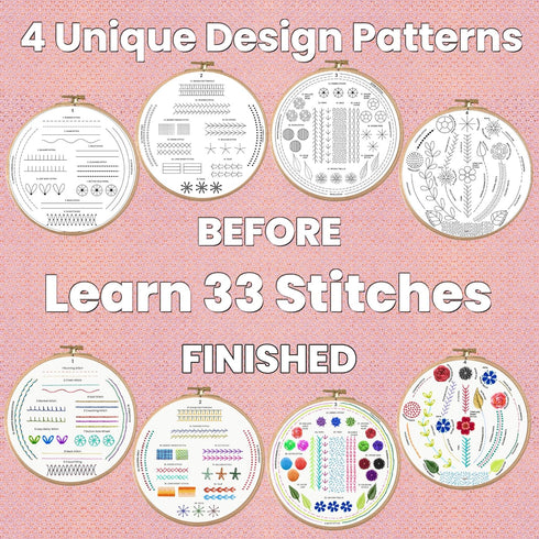 Moni Crafts - 4 Sets Starter Embroidery Kit for Beginners Adults and Kids - Learn 33 Stitches with Simple Embroidery Patterns DIY - Needlepoint Ha...