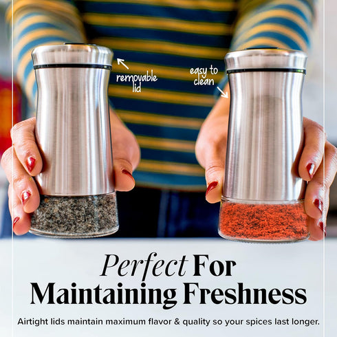 Willow & Everett Salt and Pepper Shaker Set - Stainless Steel & Glass with Adjustable Pour Dial - Ideal for Pre-Ground Spices & Seasoning Blends...