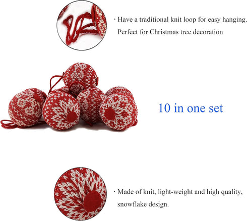 WEWILL 2.75" 10 PCS Red Knitted Sweater Christmas Ball Christmas Tree Ornaments Festival Xmas Party Gifts Decorations Snowflake Pattern...