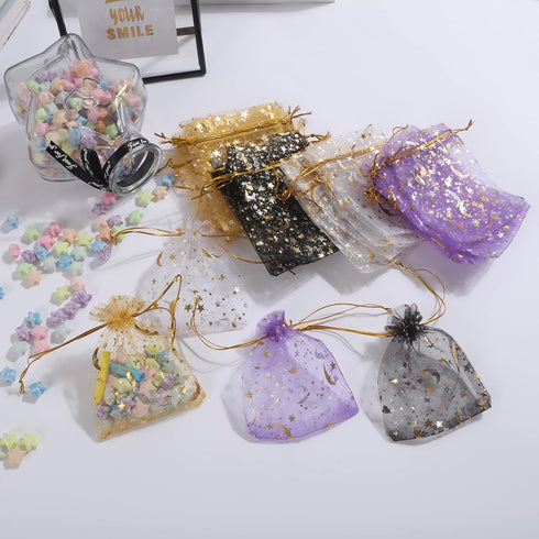 J&Rey Home Valentine's Day 100 pcs Moon And Star Design Small Gift Jewelry Organza Decorative Bags With Drawstring For Party (3.5"x4.75", Lavender...