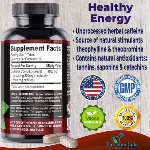 Natural Energy Guarana 1000MG - provides 200MG of herbal caffeine (2 cups coffee), antioxidants, boost energy, natural caffeine tablets, 90 Tablet...