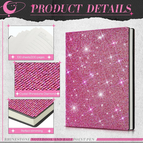 Notebook and Rhinestone Pen Sets, A5 Diamond Crystal Notebook, Crystal Pen, Bling Office Accessories (Rose Red)...
