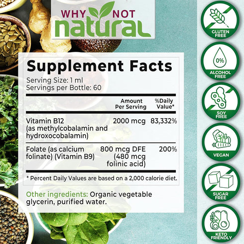 Why Not Natural Vitamin B12 Liquid Plus Folate - Organic Sublingual Extra Strength Vegan drops - Methyl B12 and Folinic Supplement...
