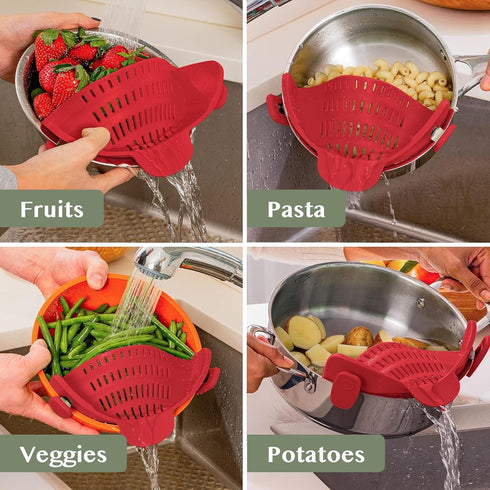 Kitchen Gizmo Snap N Strain Silicone Pot Strainer - Adjustable Clip-On Pasta Strainer for Pots, Pans, and Bowls - Large Red Kitchen Colander...