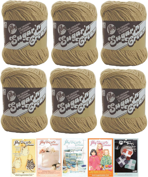 Bulk Buy: Lily Sugar'n Cream Yarn 100% Cotton Solids and Ombres (6-Pack) Medium #4 Worsted Plus 5 Lily Patterns (Jute 00082)......