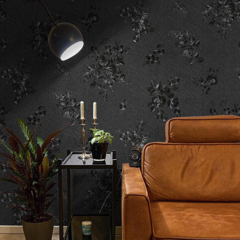 Black Peel and Stick Wallpaper Black Silk Embossed Floral Contact Paper for Cabinets Furniture 17.7’’×118’’ Textured Flower Wallpaper Self Adhesiv...