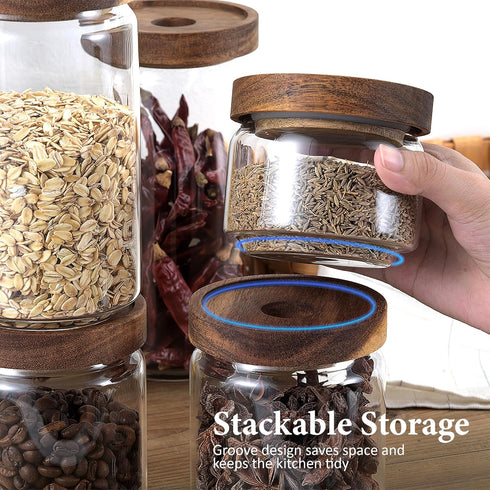 720ML/24Oz Clear Cute Glass Storage Canister Holder with Stackable Airtight Wood Lid, Modern Decorative Container Jar for Coffee, Spice, Candy, Sa...
