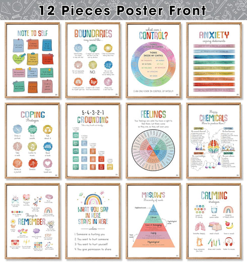 24 Option Colorful Mental Health Posters, 12 Pieces Anxiety Therapy Motivational Poster Counseling Office Must Haves, School Counselor Supplies fo...