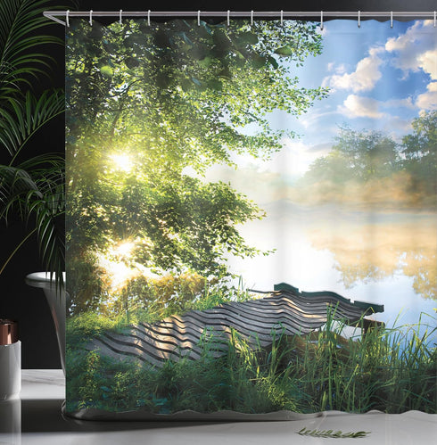 Ambesonne Landscape Shower Curtain, Fishing Pier by River in The Morning Clouds and Trees Nature Image, Cloth Fabric Bathroom Decor Set with Hooks...