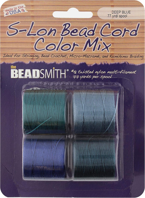 The Beadsmith S-Lon #18 Nylon Cord – Deep Blue Sea Mix – Tex210 Cord, 5mm Diameter, 4-Pack, 77 Yard Spools – for Stringing Beading Crochet, Micro-...