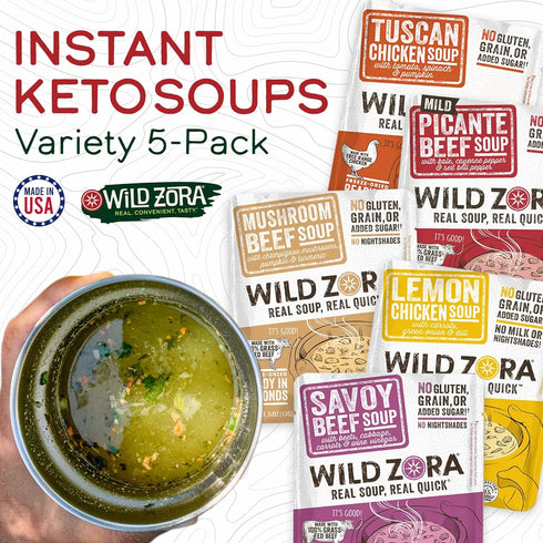 Wild Zora Instant Keto-Friendly Soups 5-Pack Variety, Broth Made with Grass-Fed Beef, Free-Range Chicken, and Vegetables, Gluten-Free, Low Carb, N...