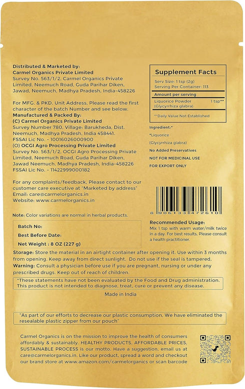 CARMEL ORGANICS Licorice Root Powder - 8 Ounce | Herbal Supplement | Natural Sweetener and Digestive Aid | Non-GMO | No Added Preservatives & Addi...