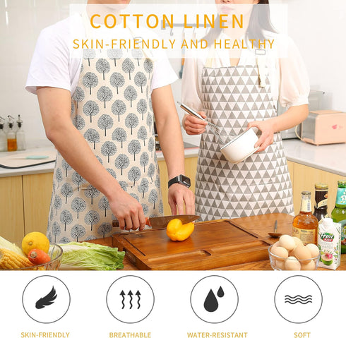 Tosewever 2 Pieces Cotton Linen Waterproof Bib Apron with 2 Pockets - Long Ties Adjustable Neck Strap - Unisex Cooking Kitchen Decorative Pattern ...