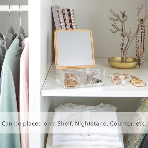 Simplify 3 Compartment Organizer with Bamboo Lid | Mirror | Perfect for Jewelry | Cosmetics | Accessories | Vanity & Countertop | Keepsake Storage...