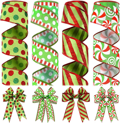 Riceshoot 4 Roll 40 Yards Christmas Green Red Ribbon Wired 1.97 Inch Christmas Glitter Stripe Ribbon Wide Green Red Wired Edge Xmas Polka Dot Ribb...