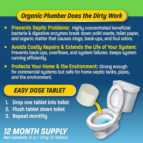 Septic Tank Cleaner Treatment, Bacteria x Natural Enzyme Flushable Bio Tabs, Rid Sewage Waste & Clean Field System, 1 Year of Tablets...