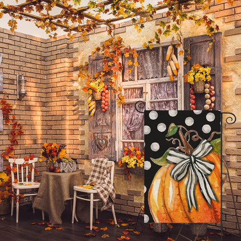 Fall Garden Flag 12x18 Inch Double Sided, Pumpkin with Bowknot White Dots Small Yard Flags for Outdoor,Seasonal Decor for Thanksgiving Autumn Farm...
