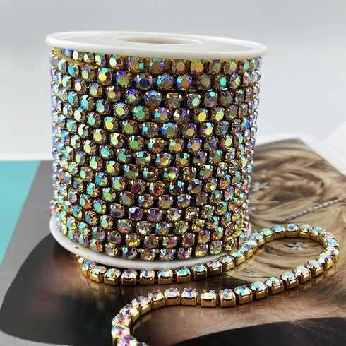 10 Yard Crystal AB Rhinestone Close Chain Clear Trim Sewing Craft (Gold, 4.3mm)...