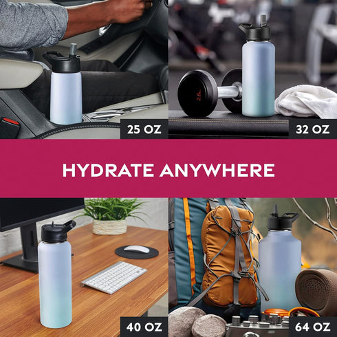 FineDine Triple Walled, Insulated Water Bottles with Straw - 25 Oz Stainless Steel Metal Bottle W/ 3 Leak Proof Lids - For Travel, School, Sports,...