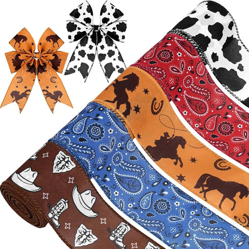 5 Rolls 25 Yards Cowboy Wired Edge Ribbon Blue Red Bandana Wildhorse Printed Fabric Ribbon for Gift Wrapping Bows Wreaths Making Crafts...
