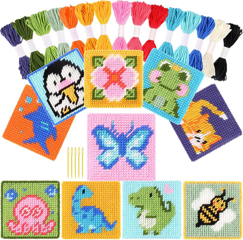 Pllieay 10-in-1 Cross Stitch Beginner Kit for Kids, Embroidery Kit Includes 10pcs Plastic Mesh Canvas with Pattern, 15 Yarns, 5 Weaving Needles, N...