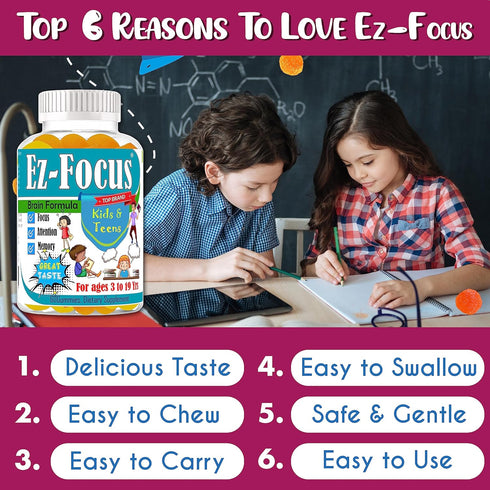 Ez Focus Gummies for Kids Brain Focus Support Chewable Focus Kids Vitamins Attention Supplement for Kids Children and Teens Kids Gummies for Focus...
