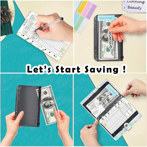 A6 PVC Money Organizer, 6-Ring Budget Planner kit with Cash envelopes, Budget Refill Inserts, Cash Pockets, Matched Stickers and Labels, 7.4"x 5.7...