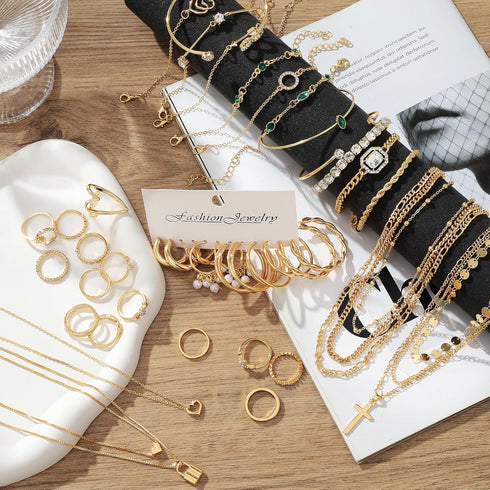 50 PCS Gold Jewelry Set for Women, Dainty Dangle Earrings, Stackable Ring, Multi-Layered Bracelet Necklace Valentine Anniversary Fashion Party Jew...