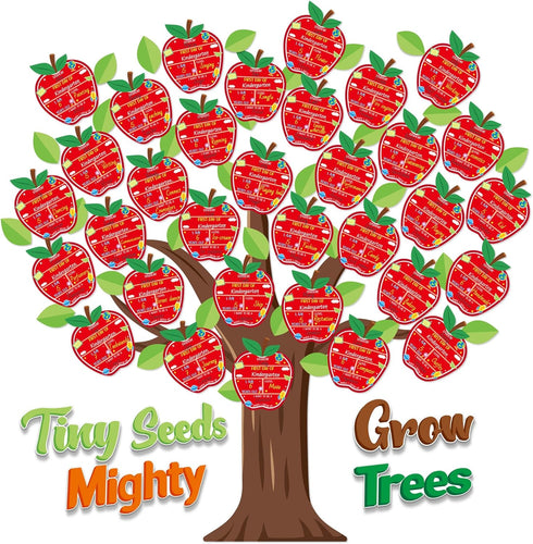 Apple Tree 1st School Bulletin Board - 81Pcs Tiny Seeds Grow Mighty Tree First Day of School Sign Cutouts, Back to School Chalkboard Decor Supplie...