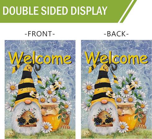 Welcome Spring Honey Bumble Bee Gnome Garden Flag, Summer Yard Outdoor Home Decorative Burlap Lawn Outside Decoration, Daisy Flowers Small Decor D...
