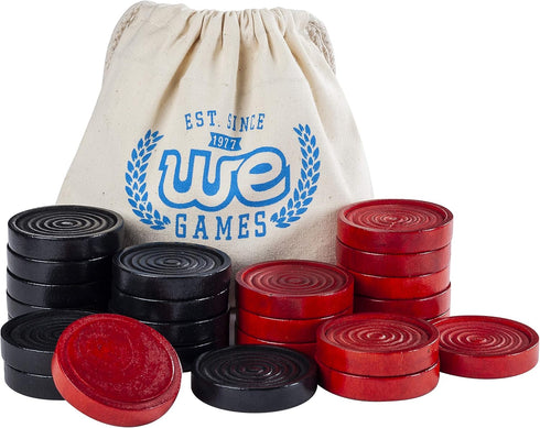 WE Games Checkers Pieces Only, Wooden Checker Board Game Pieces, 24 Black and Red Stackable Player Pieces with a Drawstring Storage Bag, 2 Inch Di...