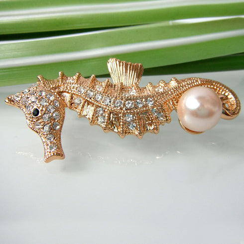 Navachi 18k Gold Plated Multi-Color Crystal Sea Horse Pearl Brooch Pin...