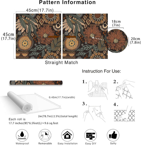 HAOKHOME 93291 Wallpaper Peel and Stick Floral Boho Brown/PeachPuff/Green Retro Wall Decor Bathroom Removable Mural 17.7in x 6.6ft...