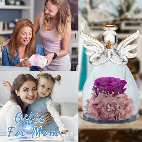 ANLUNOB Preserved Rose Birthday Gifts for Women Mom Grandma Wife, Glass Angel Figurines Gifts with Pretty Purple Flowers for Anniversary Wedding...