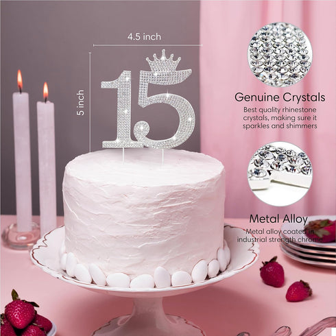 Number 15 Quinceanera Rhinestone Princess Crown Monogram Cake Topper - Sweet 15th Birthday Party (Silver)...