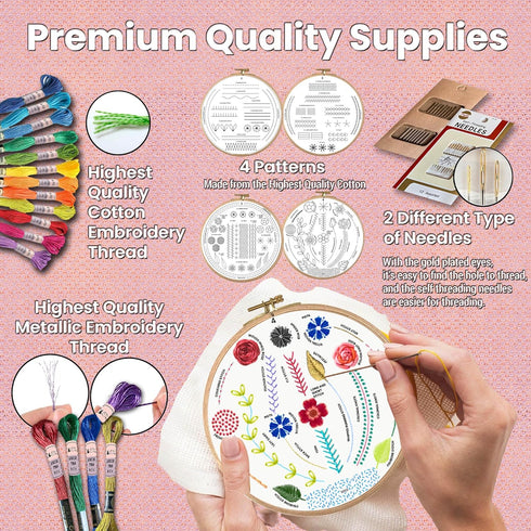 Moni Crafts - 4 Sets Starter Embroidery Kit for Beginners Adults and Kids - Learn 33 Stitches with Simple Embroidery Patterns DIY - Needlepoint Ha...